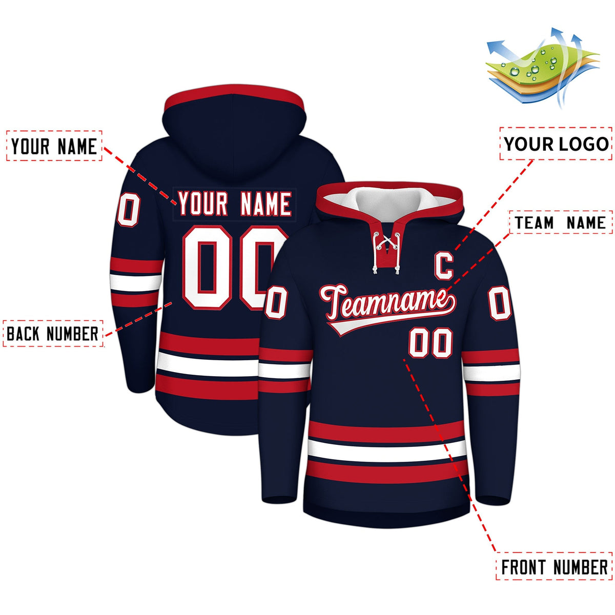 Custom Hockey Hoodie Jersey Navy Red Classic Style for Men&amp;Youth