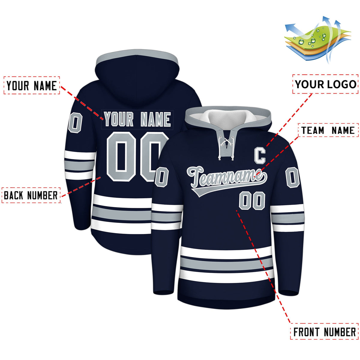Custom Hockey Hoodie Jersey Navy Silver Classic Style Add Name,Number&amp;Logo