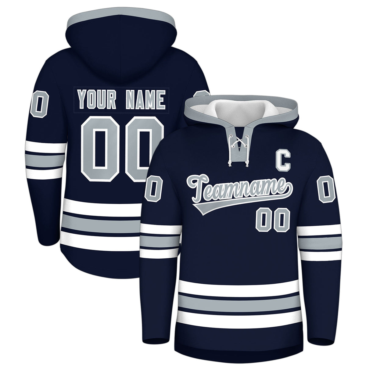 Custom Hockey Hoodie Jersey Navy Silver Classic Style Add Name,Number&amp;Logo