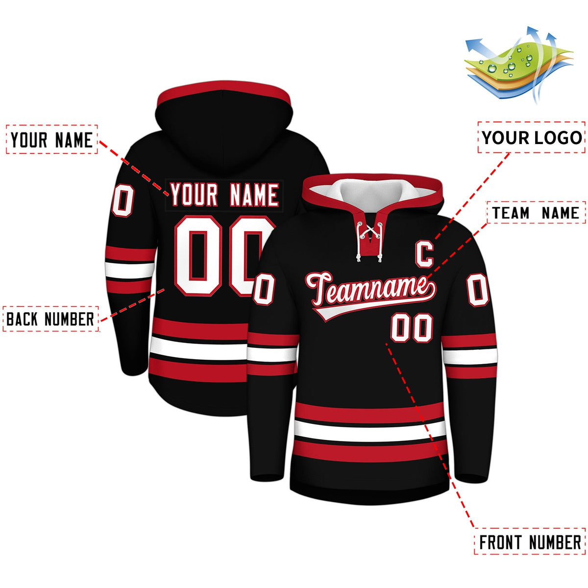 Custom Hockey Hoodie Jersey Black Red Classic Style Add Name,Number&amp;Logo