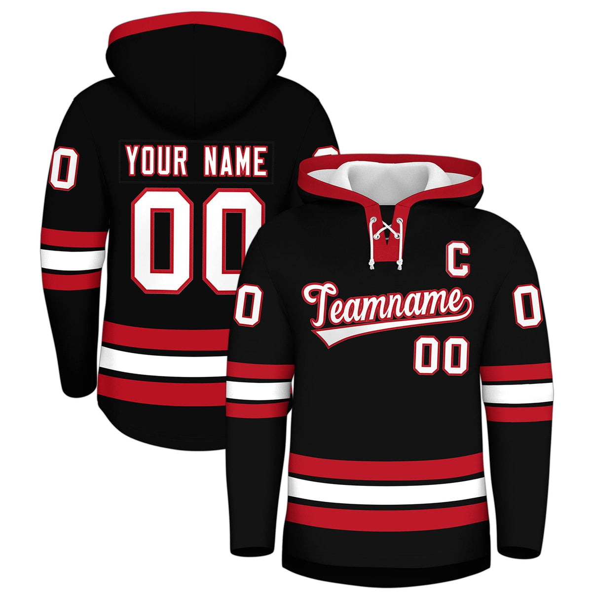 Custom Hockey Hoodie Jersey Black Red Classic Style Add Name,Number&amp;Logo
