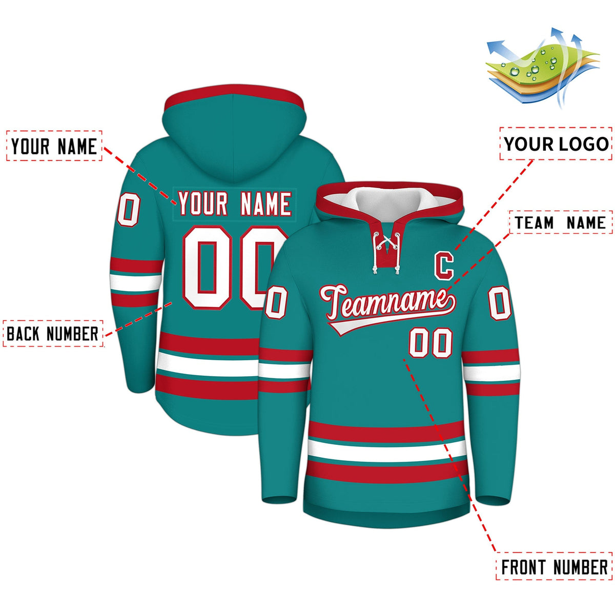 Custom Hockey Hoodie Jersey Teal Red Classic Style for Men&amp;Youth