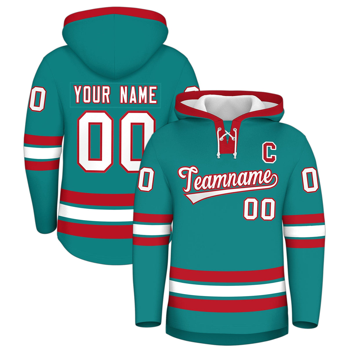 Custom Hockey Hoodie Jersey Teal Red Classic Style for Men&amp;Youth