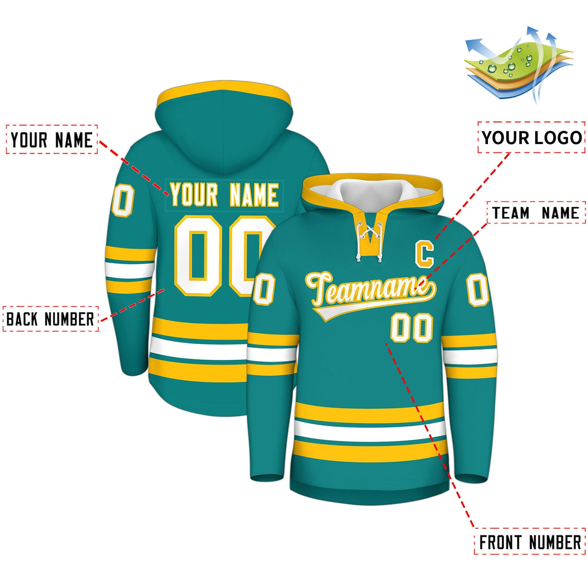 Custom Hockey Hoodie Jersey Teal Gold Classic Style Add Name,Number&amp;Logo