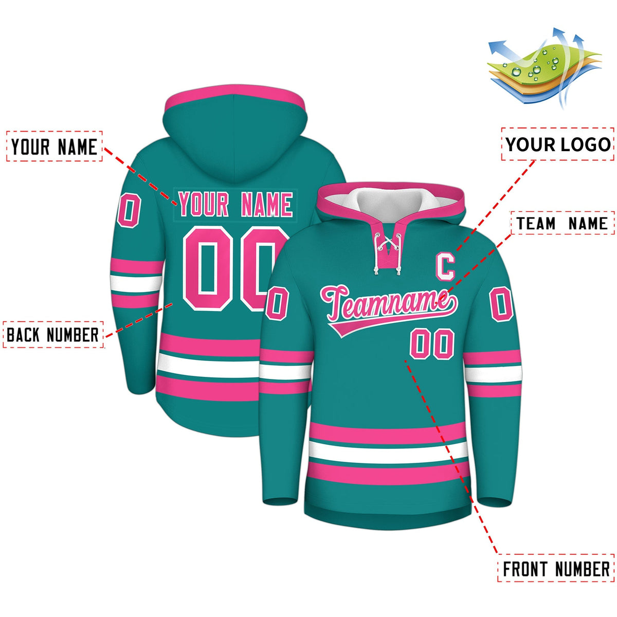 Custom Hockey Hoodie Jersey Teal Pink Classic Style for Men&amp;Youth