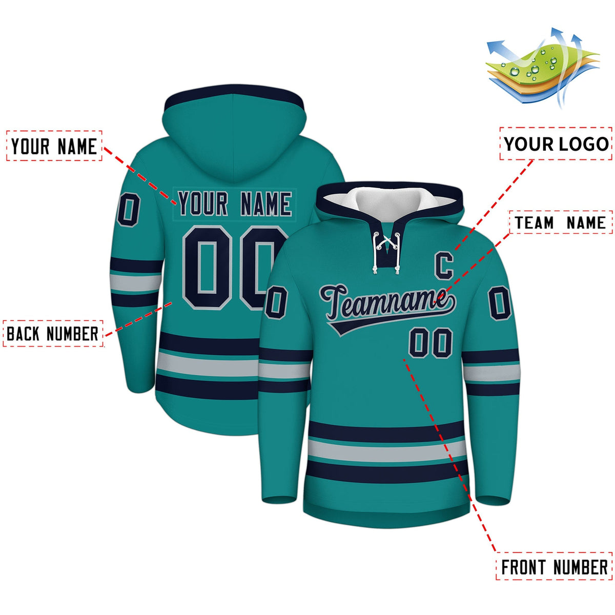 Custom Hockey Hoodie Jersey Teal Navy Classic Style Add Name,Number&amp;Logo