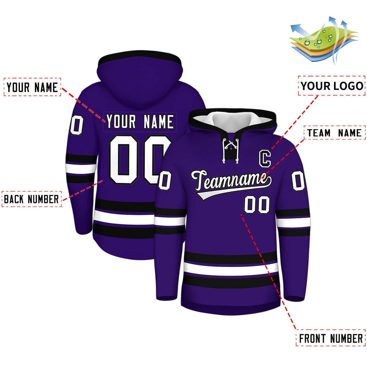 Custom Hockey Hoodie Jersey Purple Black Classic Style Add Name,Number&amp;Logo