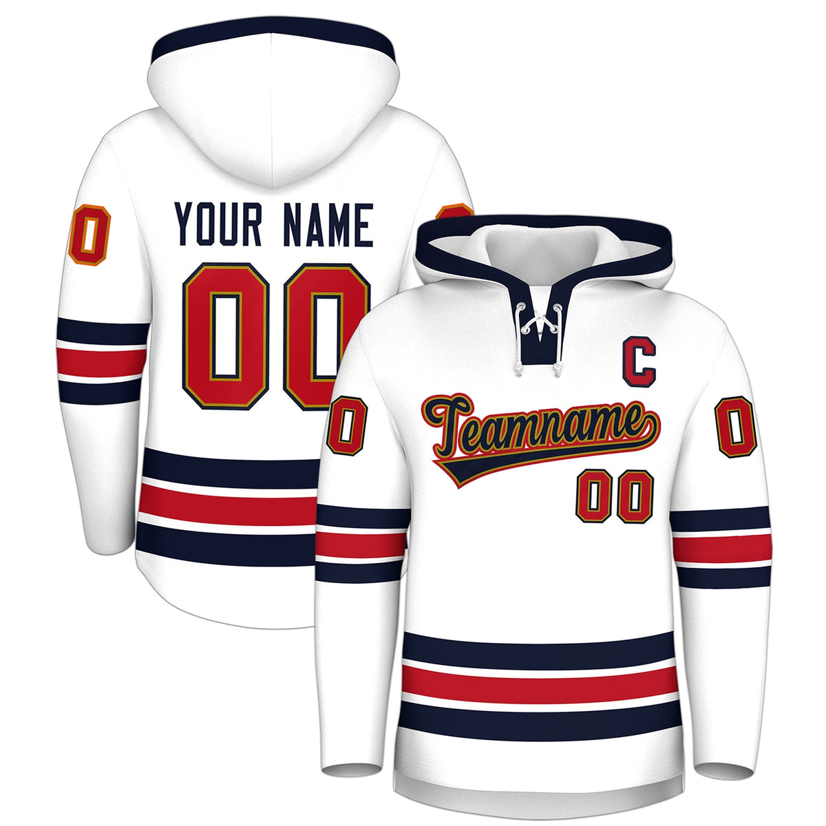 Custom Hockey Hoodie Jersey White Navy Classic Style Add Name,Number&amp;Logo