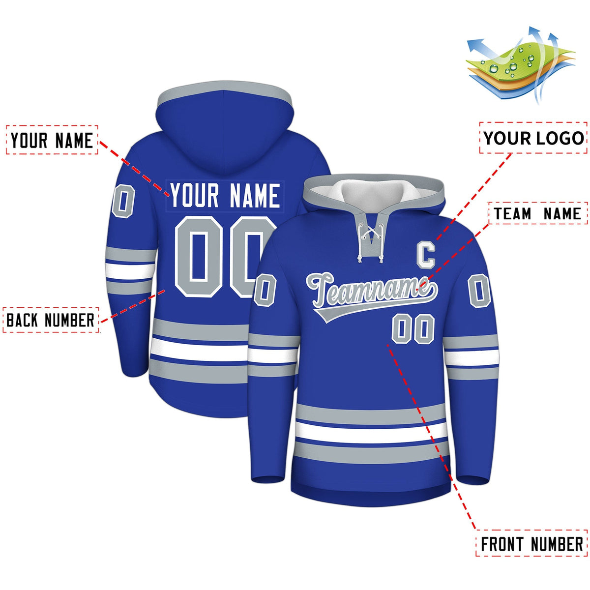 Custom Hockey Hoodie Jersey Royal Blue Silver Classic Style for Men&amp;Youth