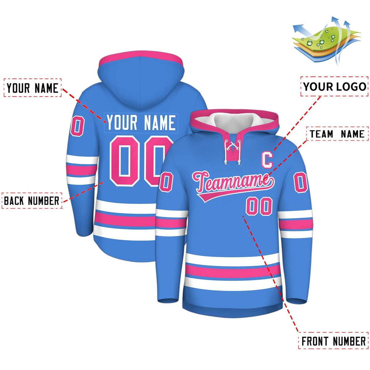 Custom Hockey Hoodie Jersey Powder Blue Pink Classic Style for Men&amp;Youth