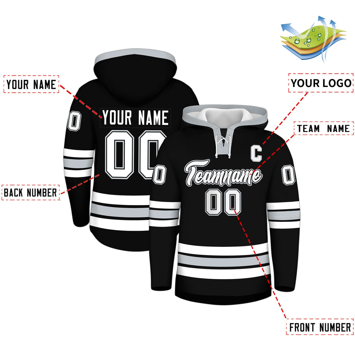 Custom Hockey Hoodie Jersey Black Silver Classic Style for Men&amp;Youth