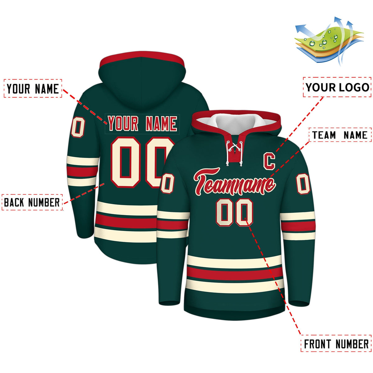 Custom Hockey Hoodie Jersey Midnight Green Red Classic Style Add Name,Number&amp;Logo