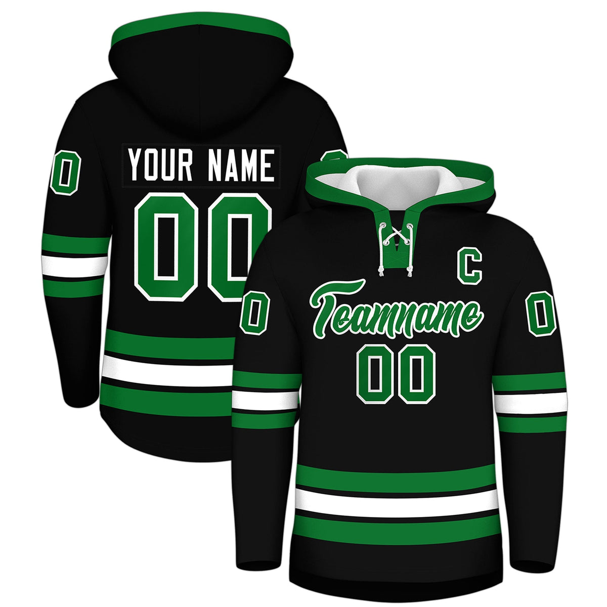 Custom Hockey Hoodie Jersey Black Kelly Green Classic Style for Men&amp;Youth