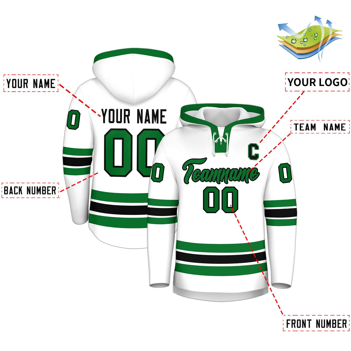 Custom Hockey Hoodie Jersey White Kelly Green Classic Style Add Name,Number&amp;Logo