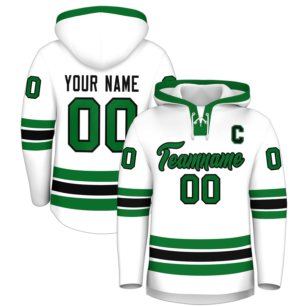 Custom Hockey Hoodie Jersey White Kelly Green Classic Style Add Name,Number&amp;Logo
