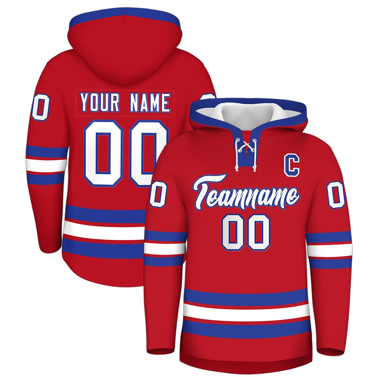 Custom Hockey Hoodie Jersey Red Royal Blue Classic Style Add Name,Number&amp;Logo