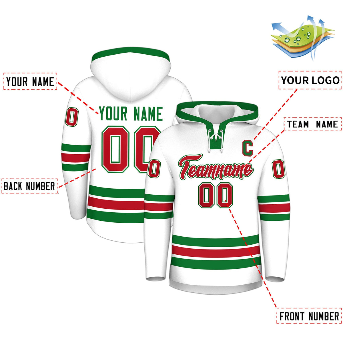 Custom Hockey Hoodie Jersey White Kelly Green Classic Style Add Name,Number&amp;Logo
