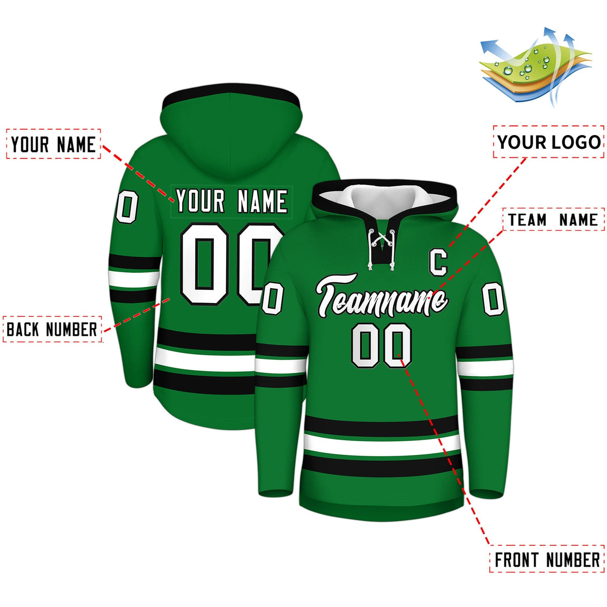 Custom Hockey Hoodie Jersey Kelly Green Black Classic Style for Men&amp;Youth