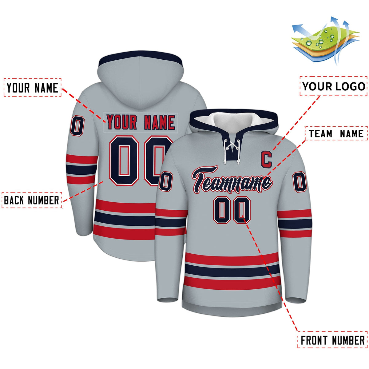 Custom Hockey Hoodie Jersey Silver Navy Classic Style Add Name,Number&amp;Logo