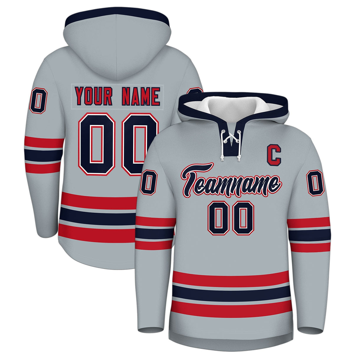 Custom Hockey Hoodie Jersey Silver Navy Classic Style Add Name,Number&amp;Logo