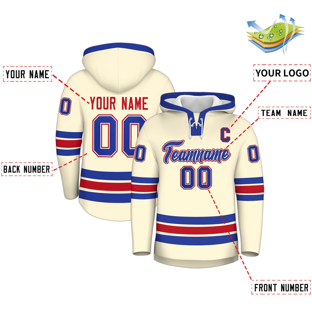 Custom Hockey Hoodie Jersey Cream Royal Blue Classic Style Add Name,Number&amp;Logo