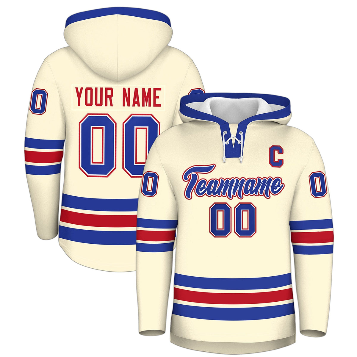 Custom Hockey Hoodie Jersey Cream Royal Blue Classic Style Add Name,Number&amp;Logo
