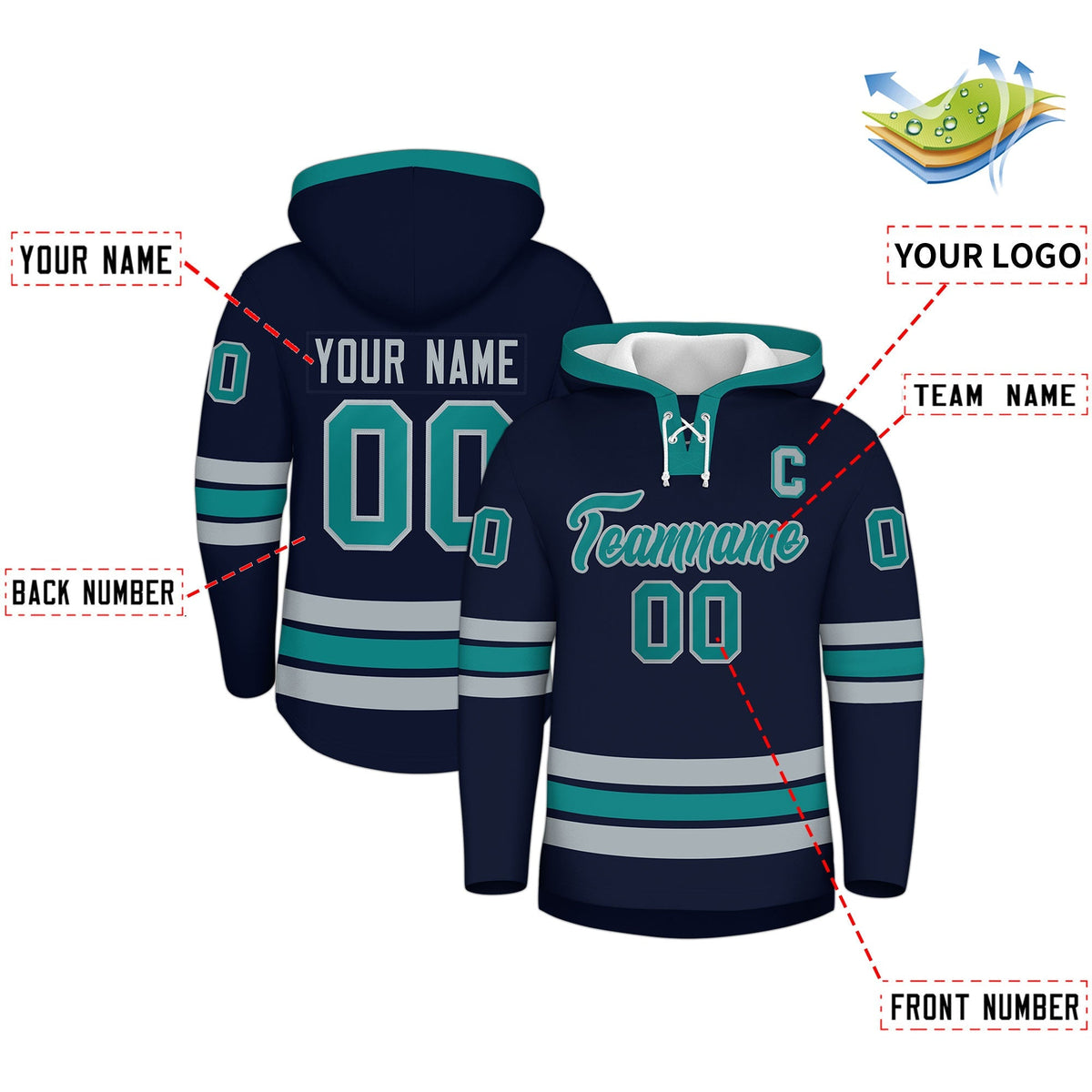 Custom Hockey Hoodie Jersey Navy Teal Classic Style for Men&amp;Youth