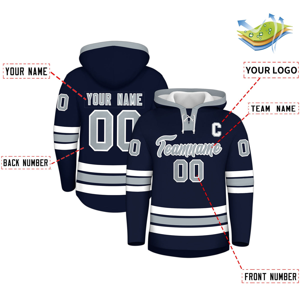 Custom Hockey Hoodie Jersey Navy Silver Classic Style Add Name,Number&amp;Logo