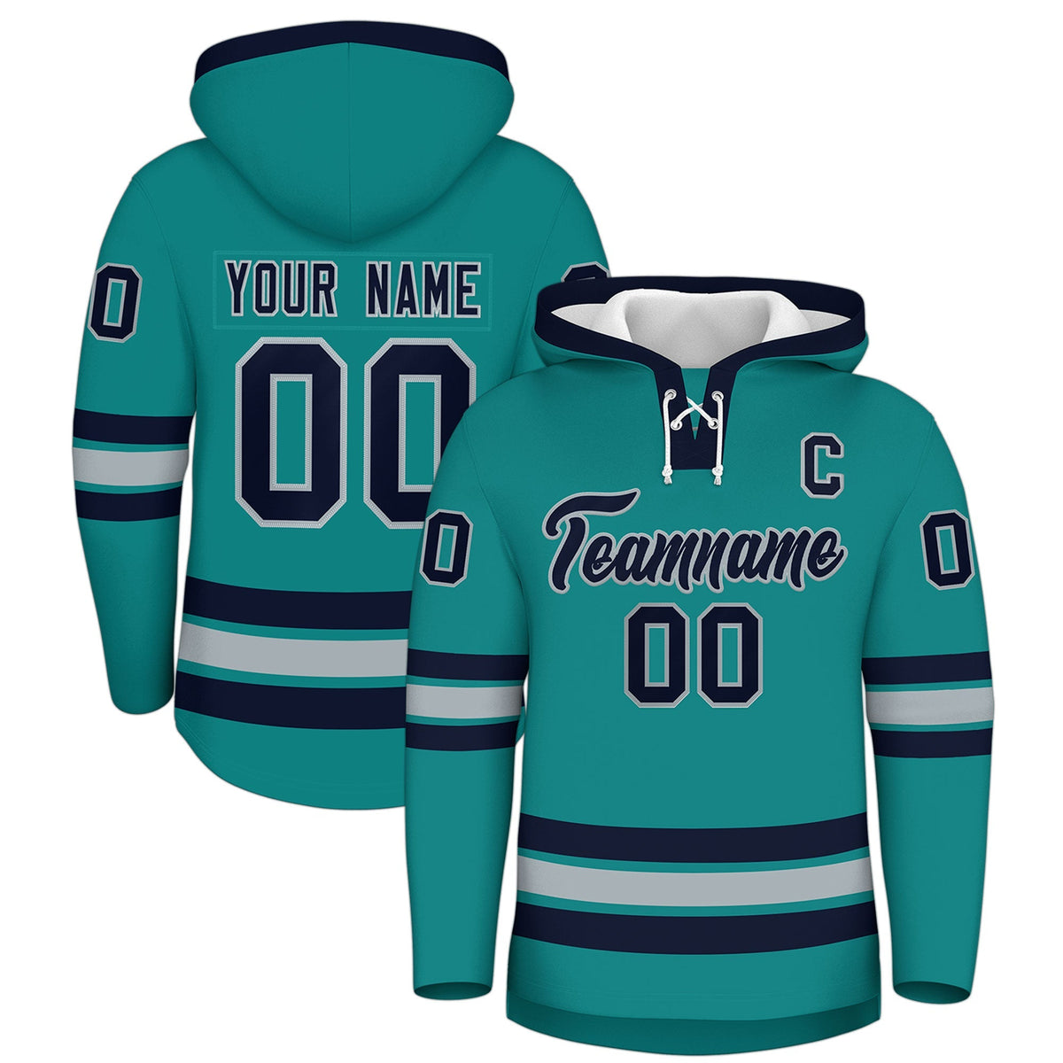 Custom Hockey Hoodie Jersey Teal Navy Classic Style Add Name,Number&amp;Logo