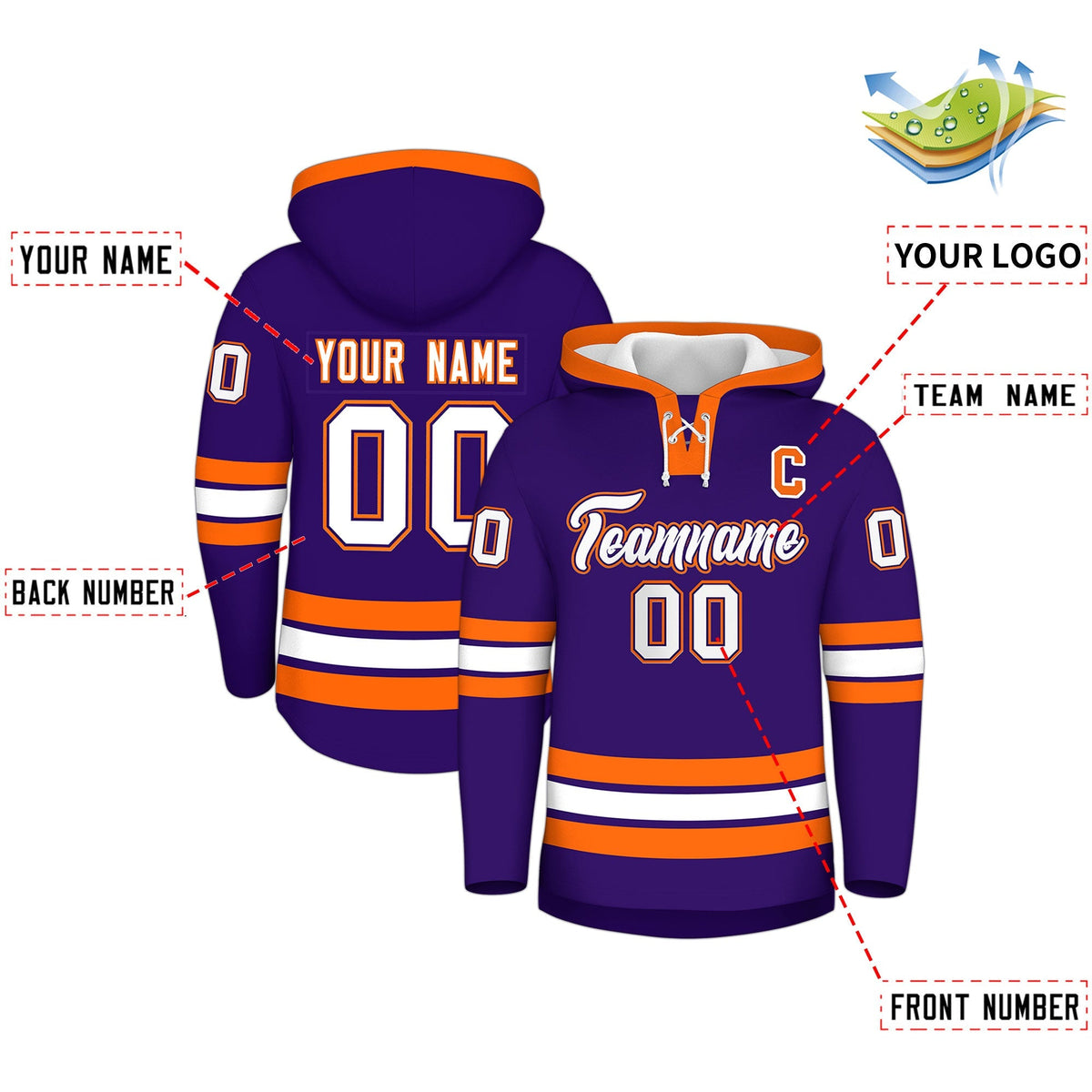 Custom Hockey Hoodie Jersey Purple Orange Classic Style Add Name,Number&amp;Logo