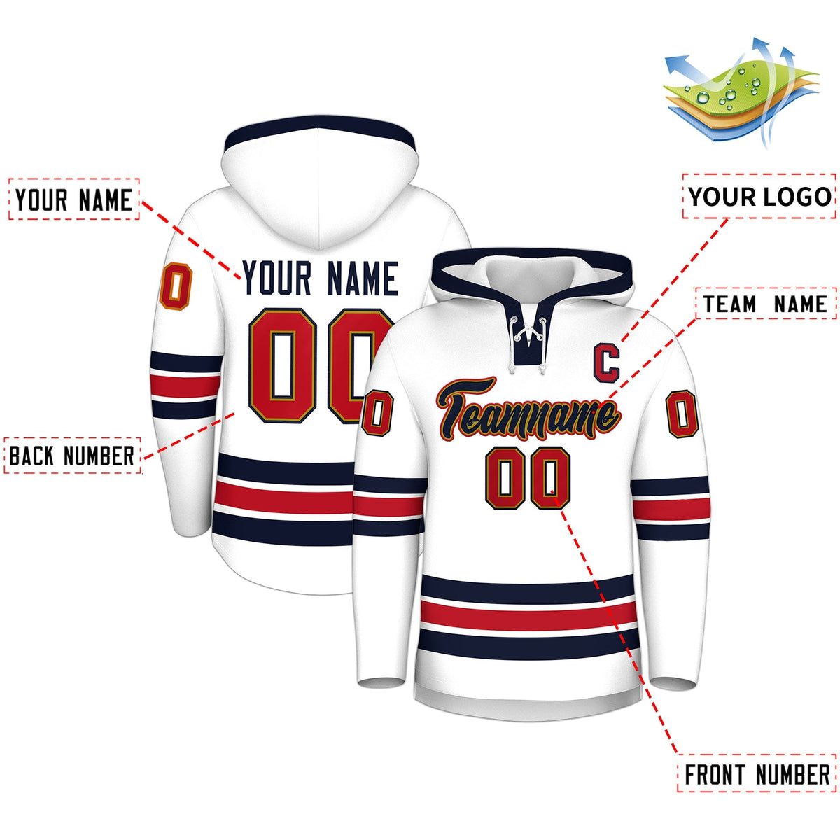 Custom Hockey Hoodie Jersey White Navy Classic Style Add Name,Number&amp;Logo
