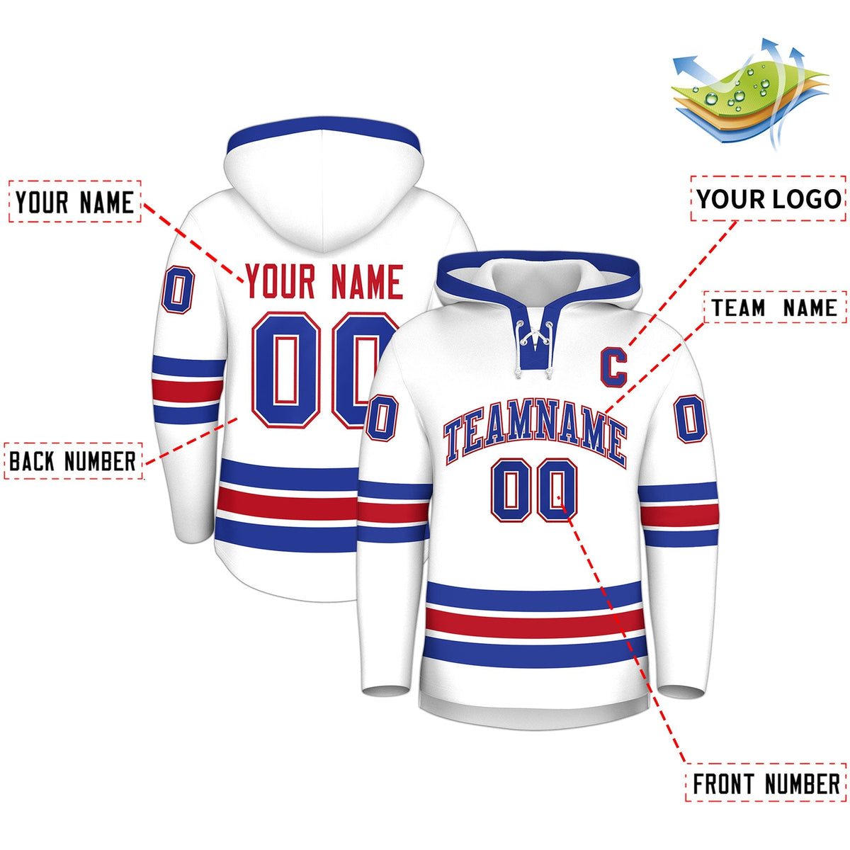 Custom Hockey Hoodie Jersey White Royal Blue Classic Style for Men&amp;Youth