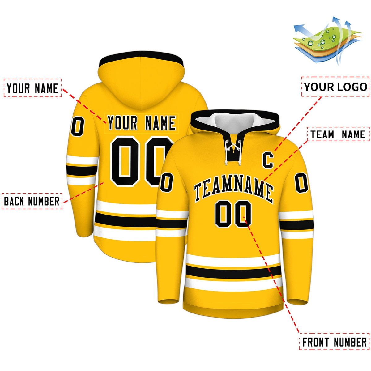 Custom Hockey Hoodie Jersey Gold Black Classic Style Add Name,Number&amp;Logo