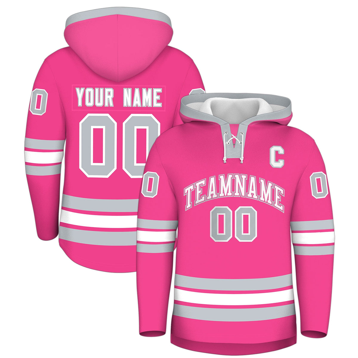 Custom Hockey Hoodie Jersey Pink Silver Classic Style Add Name,Number&amp;Logo