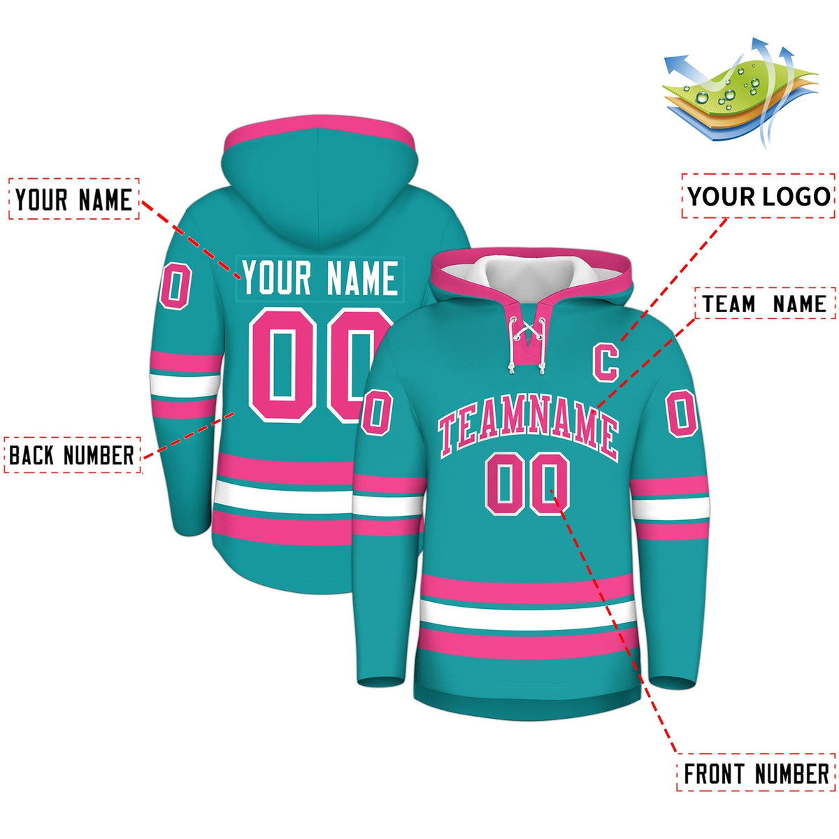 Custom Hockey Hoodie Jersey Aqua Pink Classic Style Add Name,Number&amp;Logo