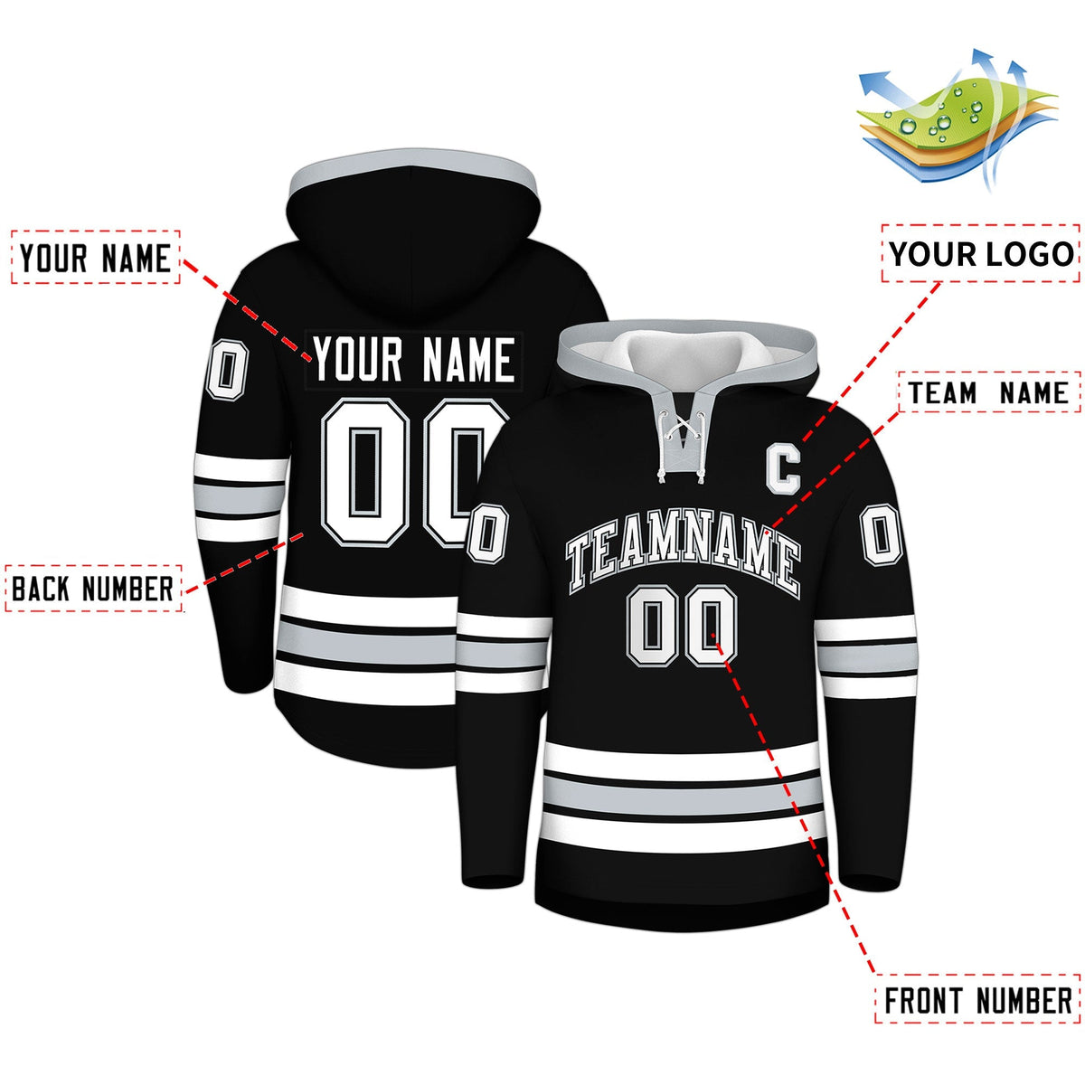 Custom Hockey Hoodie Jersey Black Silver Classic Style for Men&amp;Youth