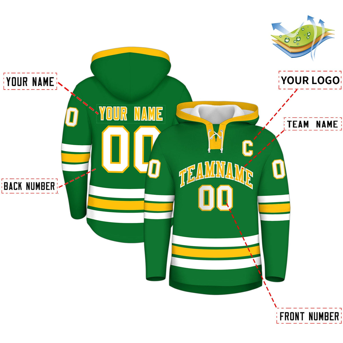 Custom Hockey Hoodie Jersey Kelly Green Gold Classic Style for Men&amp;Youth