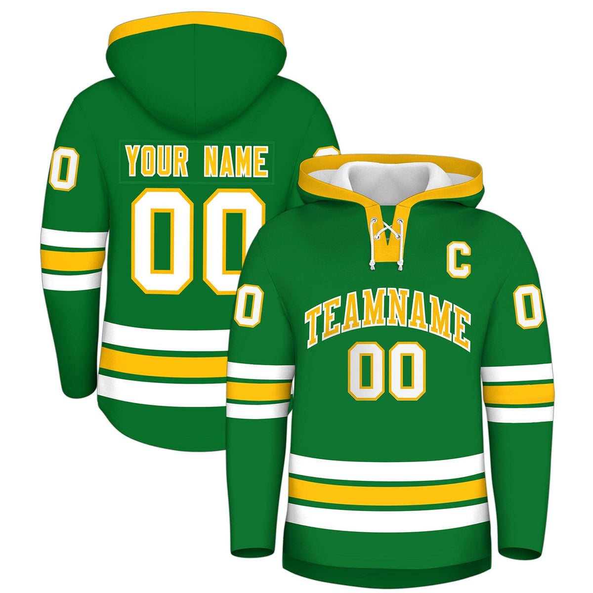 Custom Hockey Hoodie Jersey Kelly Green Gold Classic Style for Men&amp;Youth