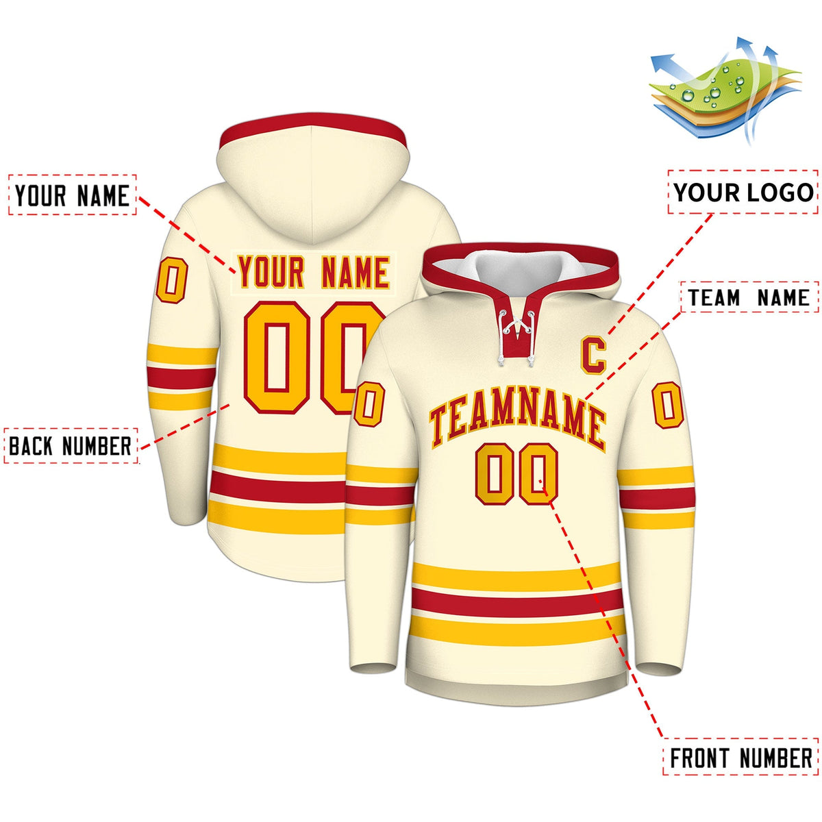 Custom Hockey Hoodie Jersey Cream Red Classic Style Add Name,Number&amp;Logo
