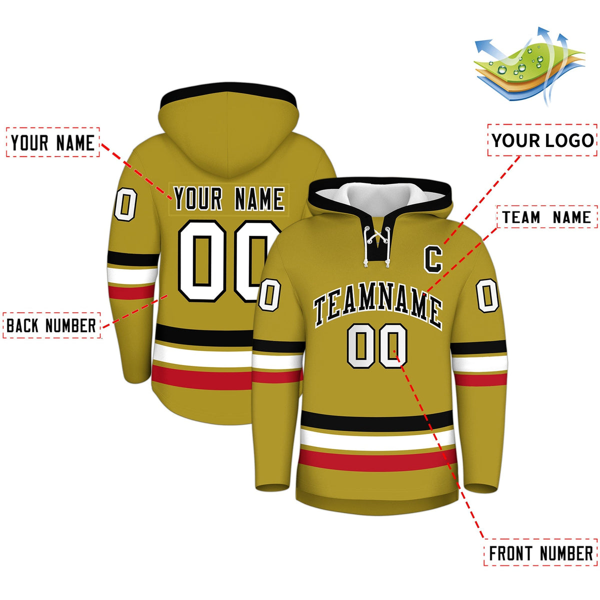 Custom Hockey Hoodie Jersey Old Gold Black Classic Style for Men&amp;Youth