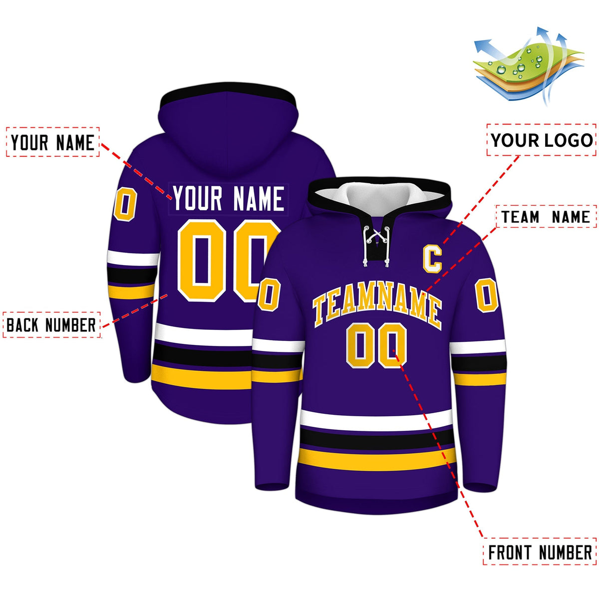 Custom Hockey Hoodie Jersey Purple Black Classic Style for Men&amp;Youth