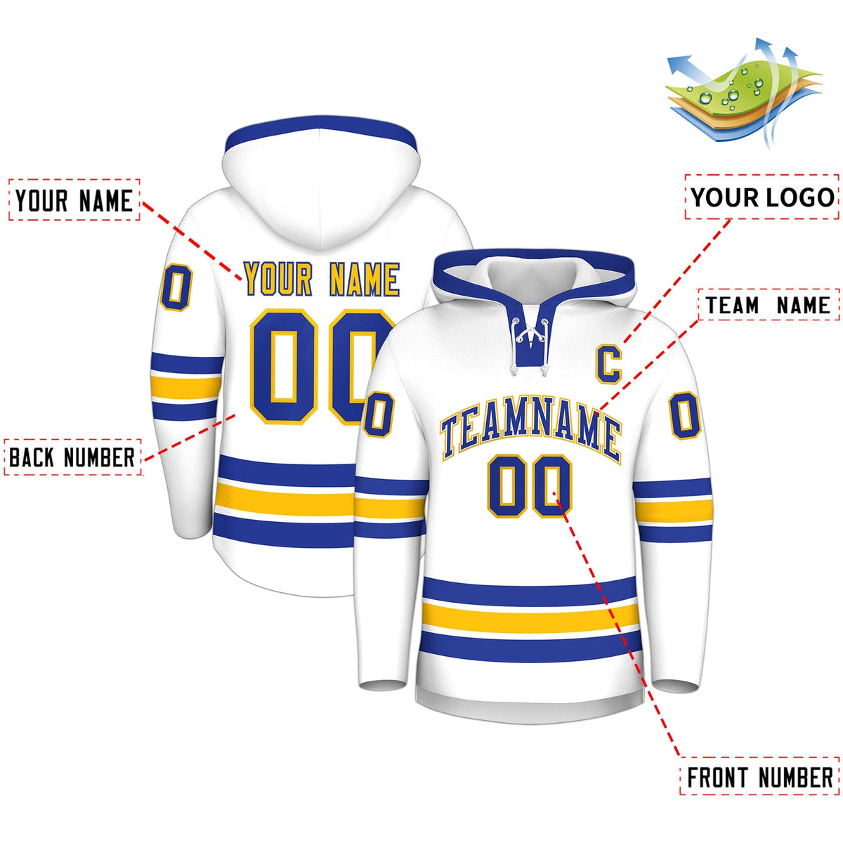 Custom Hockey Hoodie Jersey White Royal Blue Classic Style Add Name,Number&amp;Logo