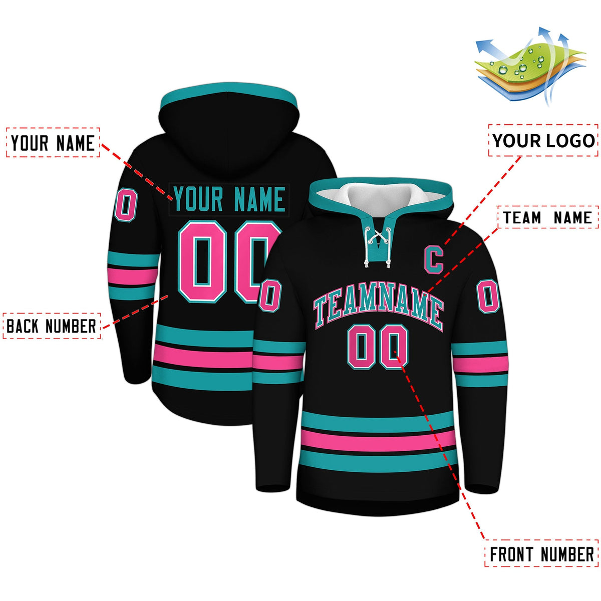 Custom Hockey Hoodie Jersey Black Aqua Classic Style Add Name,Number&amp;Logo