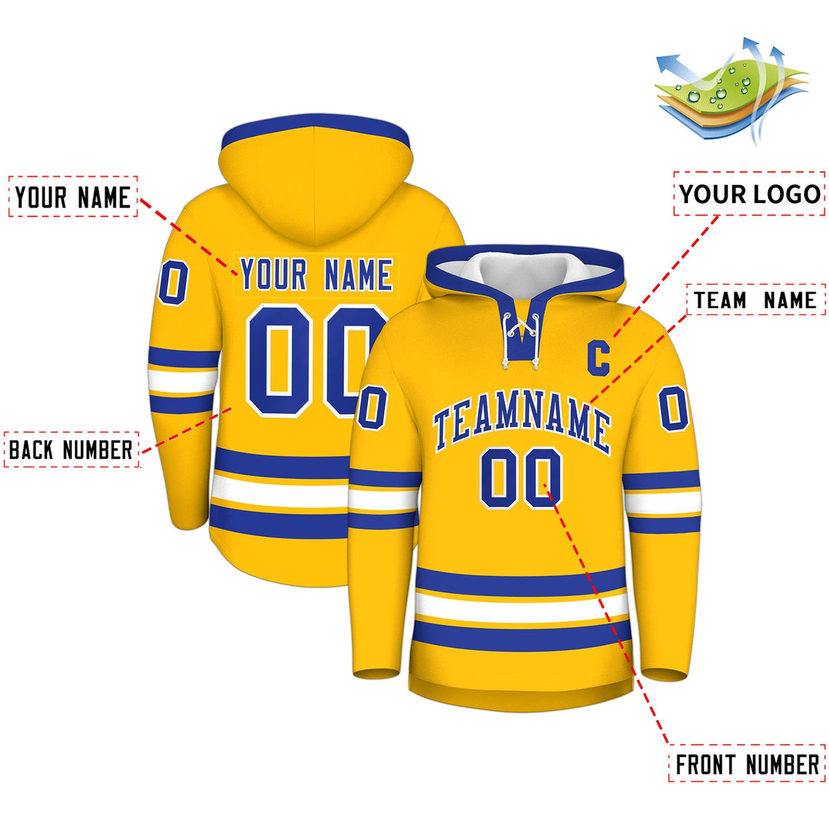 Custom Hockey Hoodie Jersey Gold Royal Blue Classic Style for Men&amp;Youth