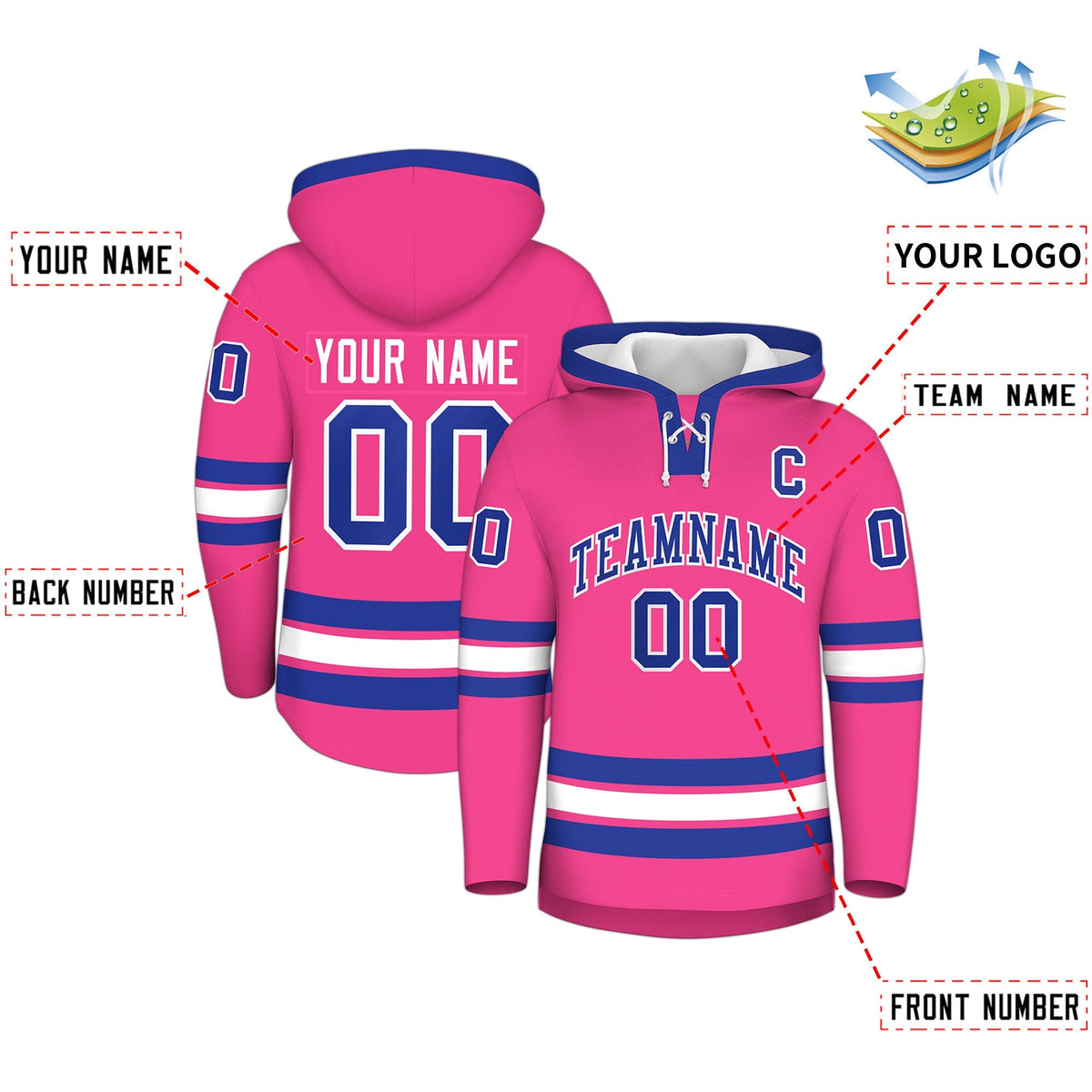 Custom Hockey Hoodie Jersey Pink Royal Blue Classic Style for Men&amp;Youth