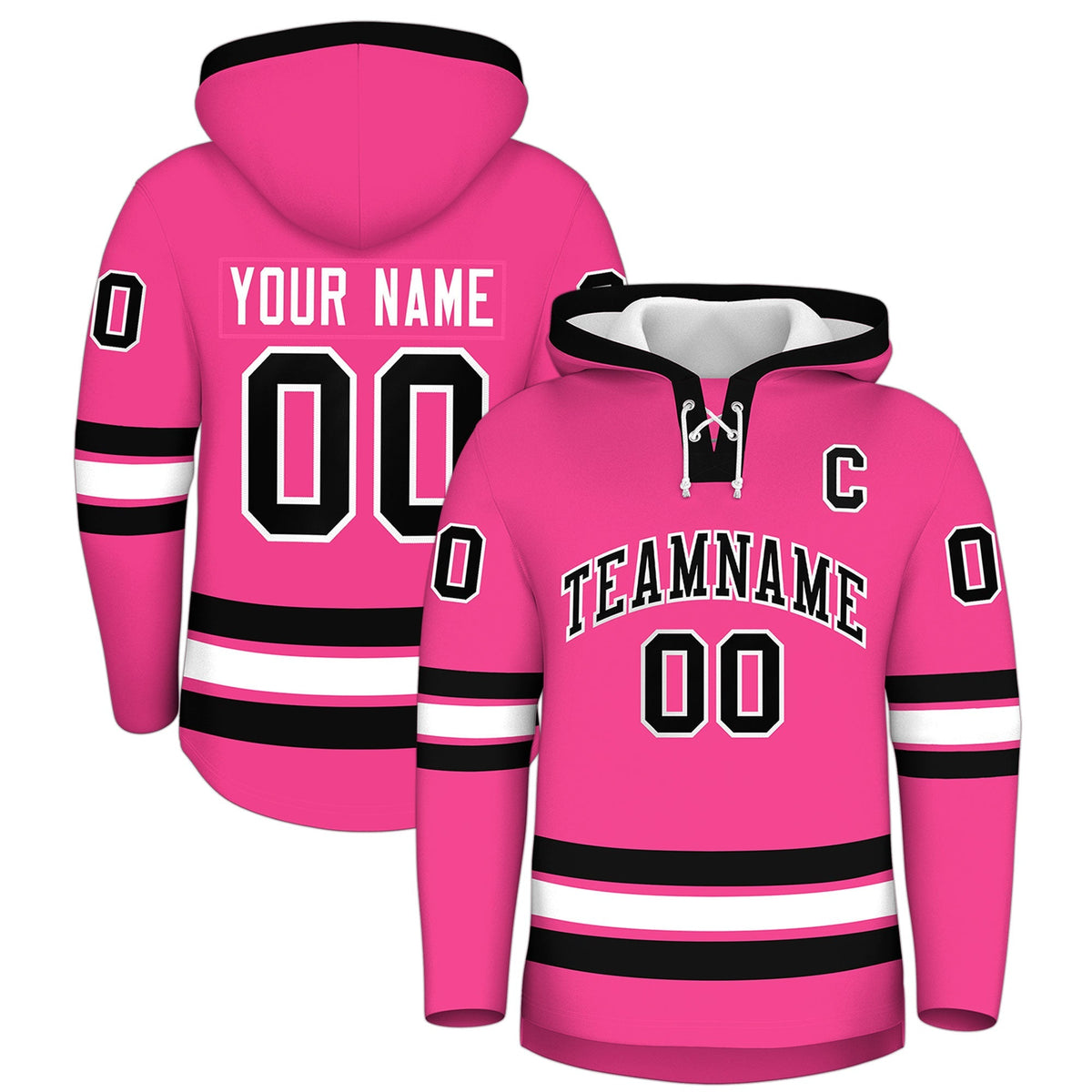 Custom Hockey Hoodie Jersey Pink Black Classic Style Add Name,Number&amp;Logo