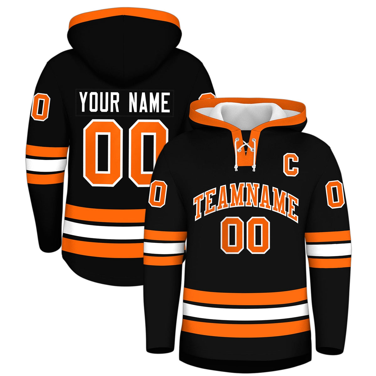 Custom Hockey Hoodie Jersey Black Orange Classic Style Add Name,Number&amp;Logo