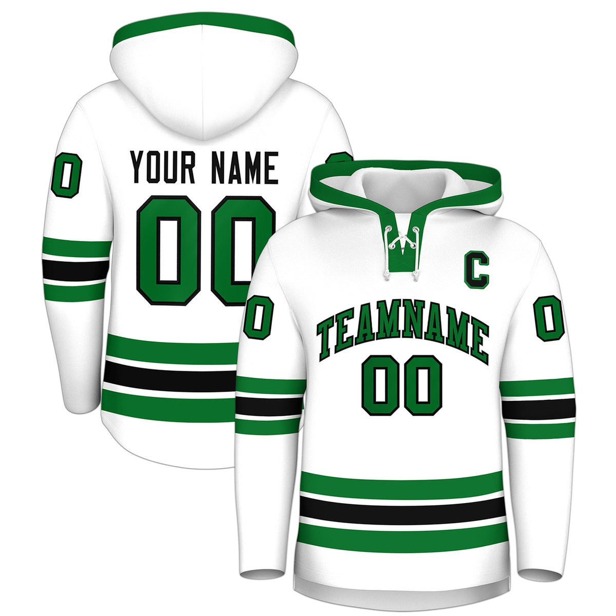 Custom Hockey Hoodie Jersey White Kelly Green Classic Style Add Name,Number&amp;Logo