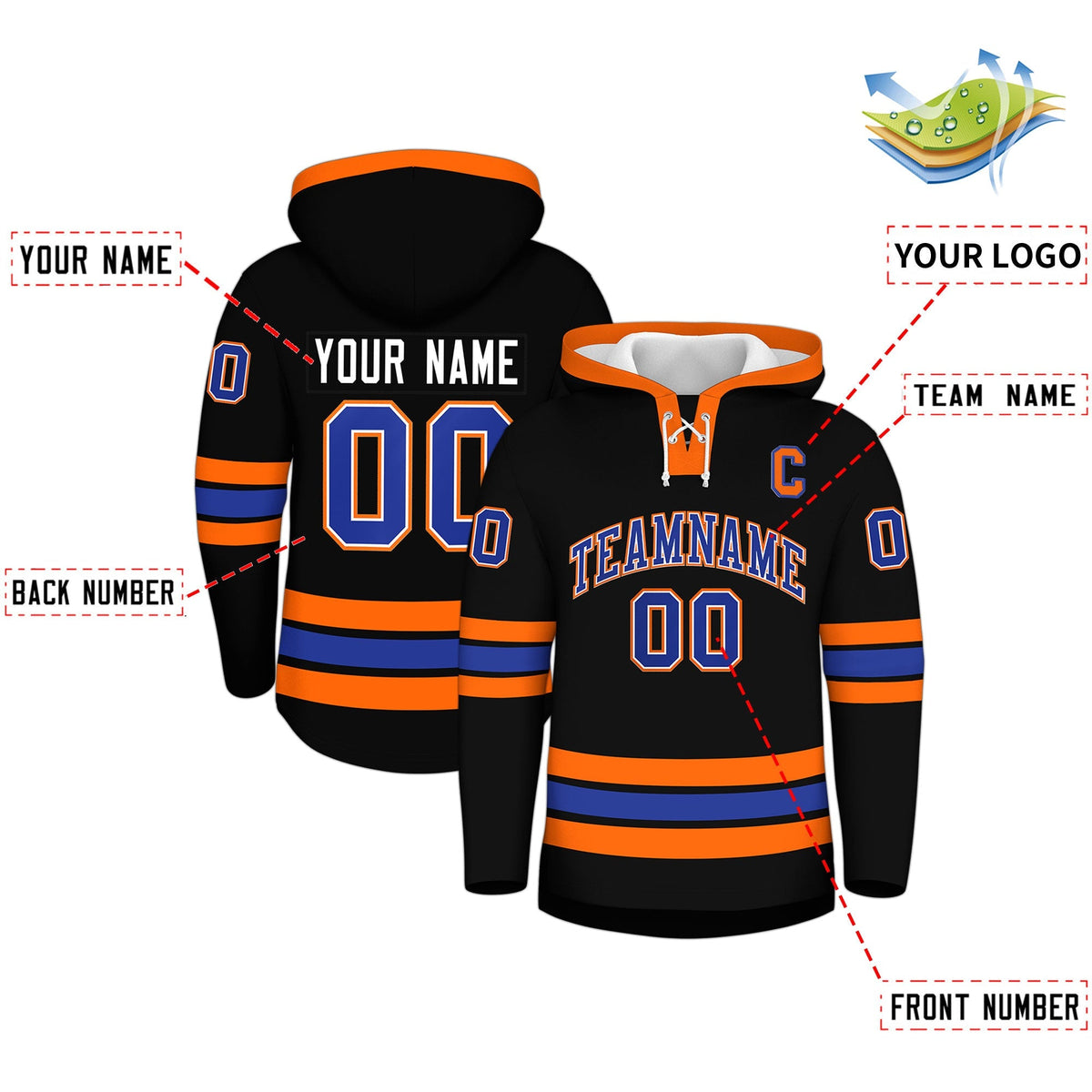 Custom Hockey Hoodie Jersey Black Orange Classic Style for Men&amp;Youth