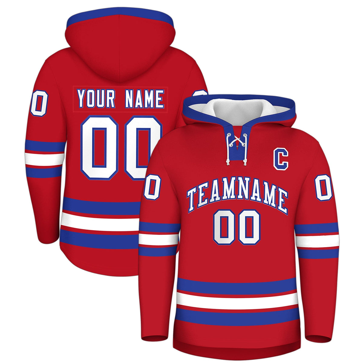 Custom Hockey Hoodie Jersey Red Royal Blue Classic Style Add Name,Number&amp;Logo